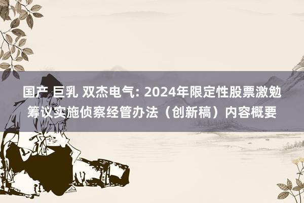 国产 巨乳 双杰电气: 2024年限定性股票激勉筹议实施侦察经管办法（创新稿）内容概要